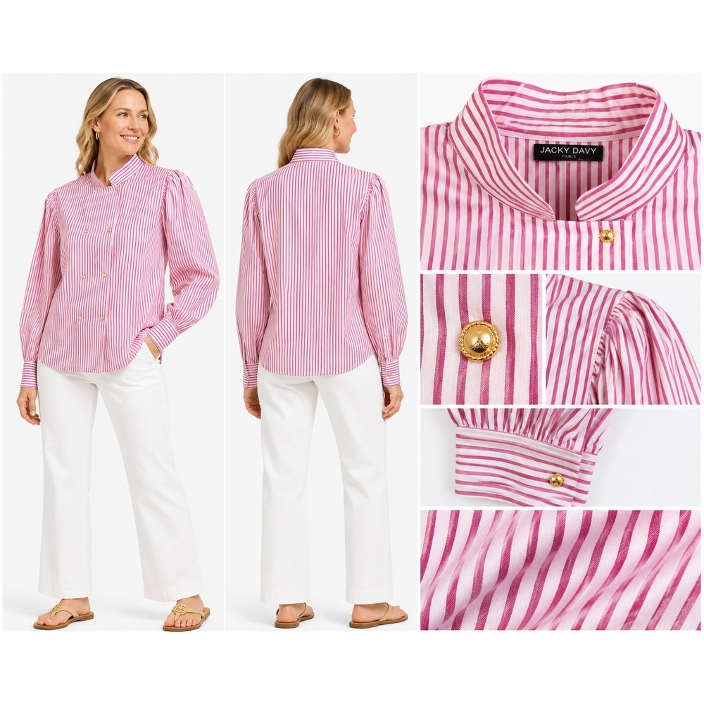 Jacky Davy Blouse Women 8 Pink White Striped Double Breasted Gold Button Blouse